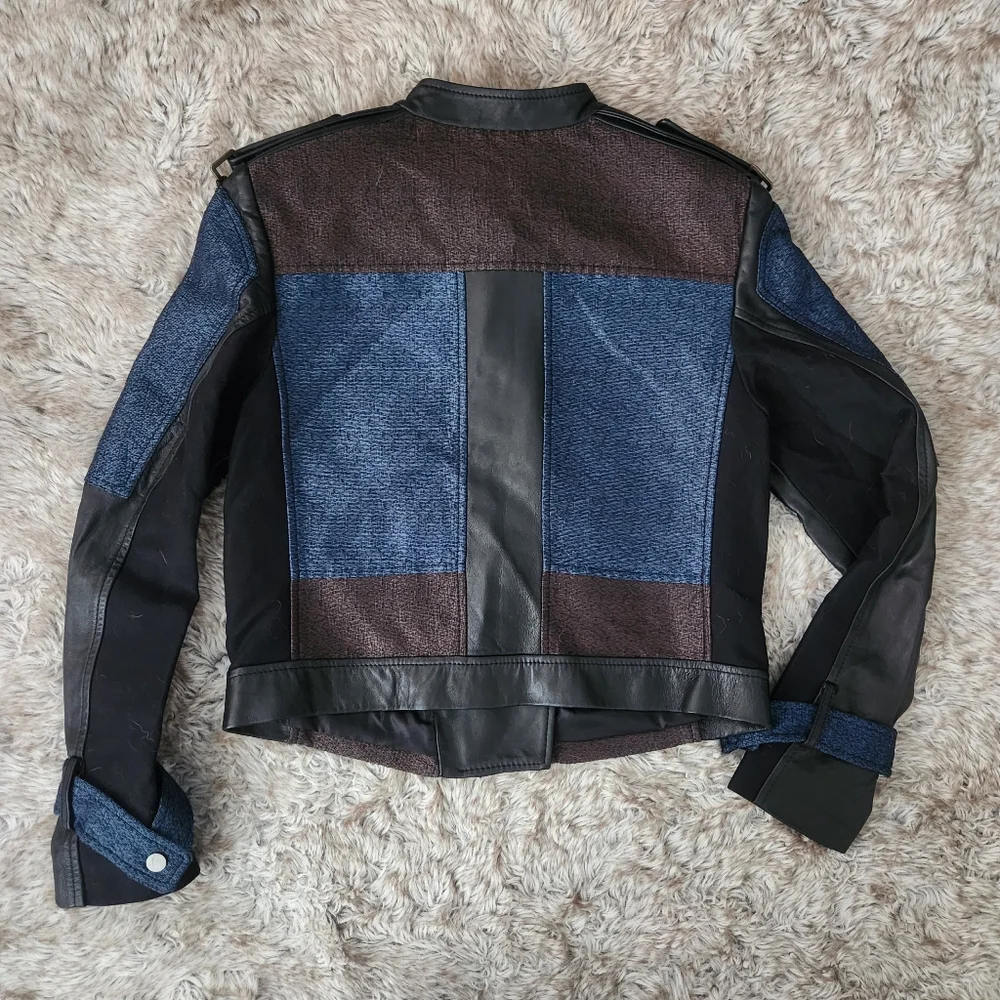 BCBGMaxAzria Lamb Leather Ross‎ Moto Jacket Black & Blue Women's Size Small